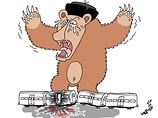 На втором рисунке - состав электропоезда со взорванным вагоном, возле которого разбросаны окровавленные фигурки людей, и над всем этим возвышается воздевший лапы, рыдающий и ревущий медведь в шапке-ушанке