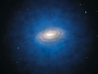 Возможное распределение темной материи (показано светло-голубым) в Млечном Пути согласно современным моделям. Изображение с сайта ESO